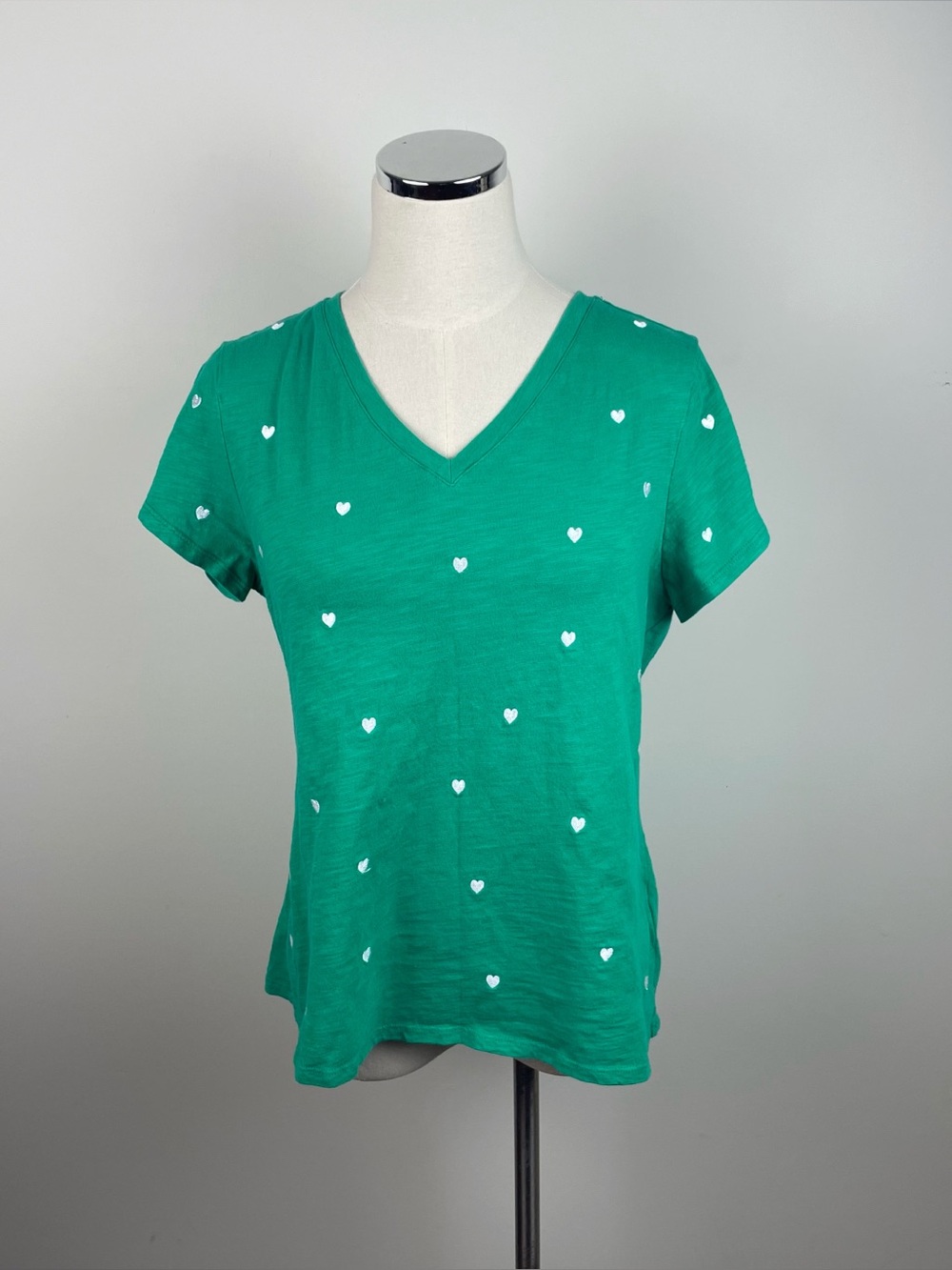 Cynthia Rowley Green White Hearts Embroidered Tee Shirt Women Large Casual